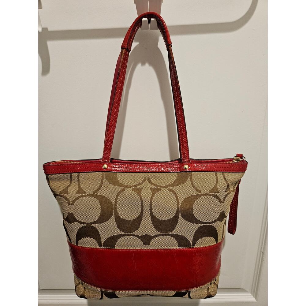 Coach Purse: Beige Signature Canvas + Red Patent Leather, Authentic Zipped Tote